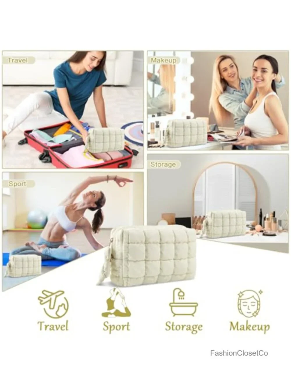 Quilted Puffy Makeup Bag Cosmetic Travel Toiletry Organizer Pouch with Zipper
